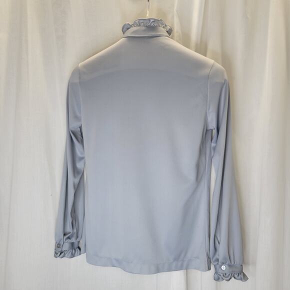 Contemporary Classics Vintage Blue Gray Ruffle Blouse Stand-up Collar, S - Picture 5 of 14